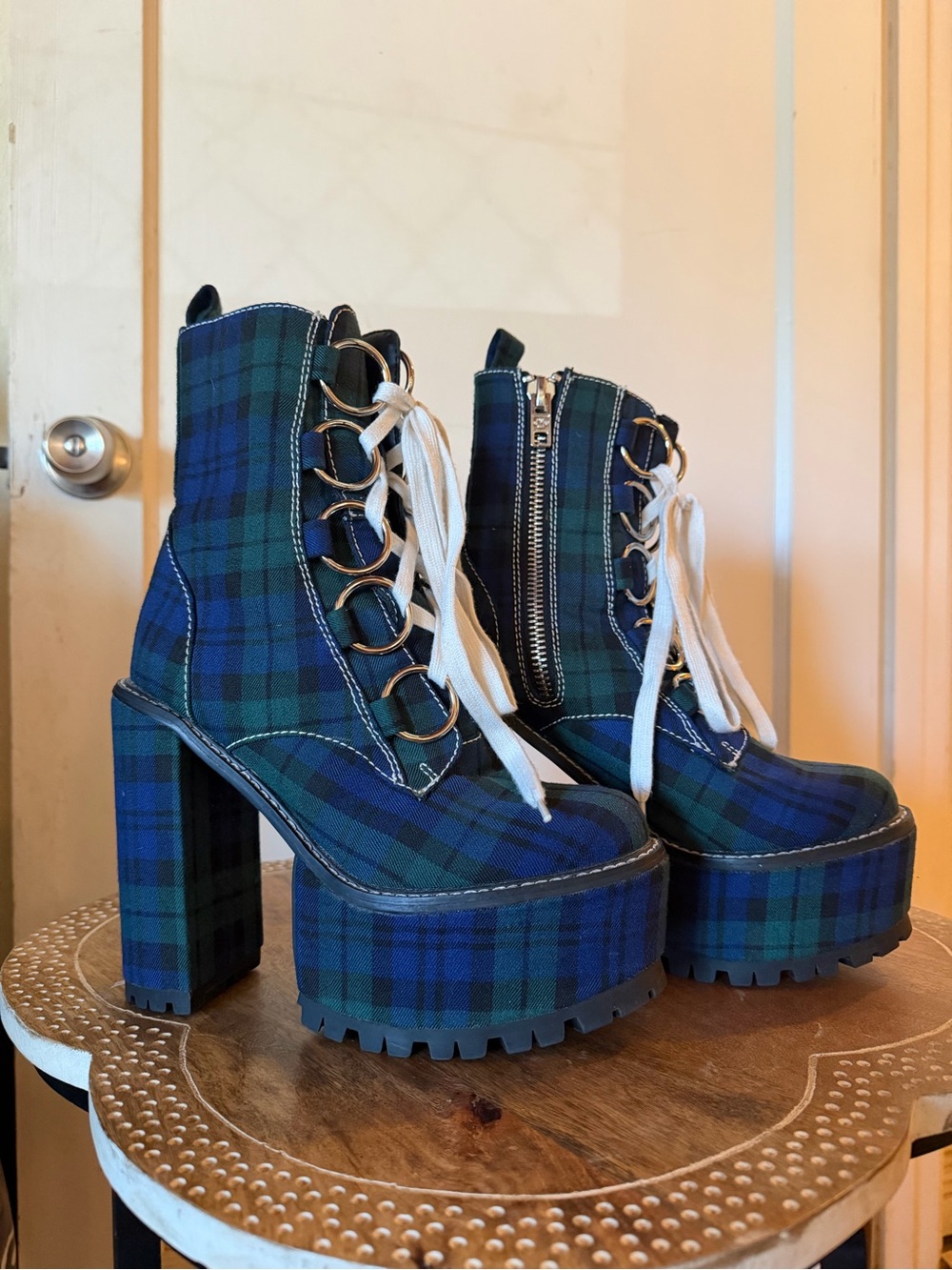 Dolls Kill Current Mood Sikk Nancy Tartan Plaid Platform Ankle O-Ring Boots - Picture 2 of 15